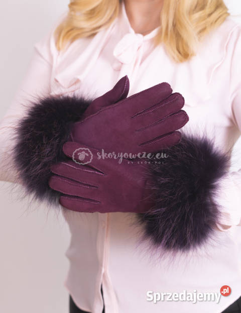 Śliwkowe rękawiczki damskie skórzane z futrzanym Dla kobiet Szaflary