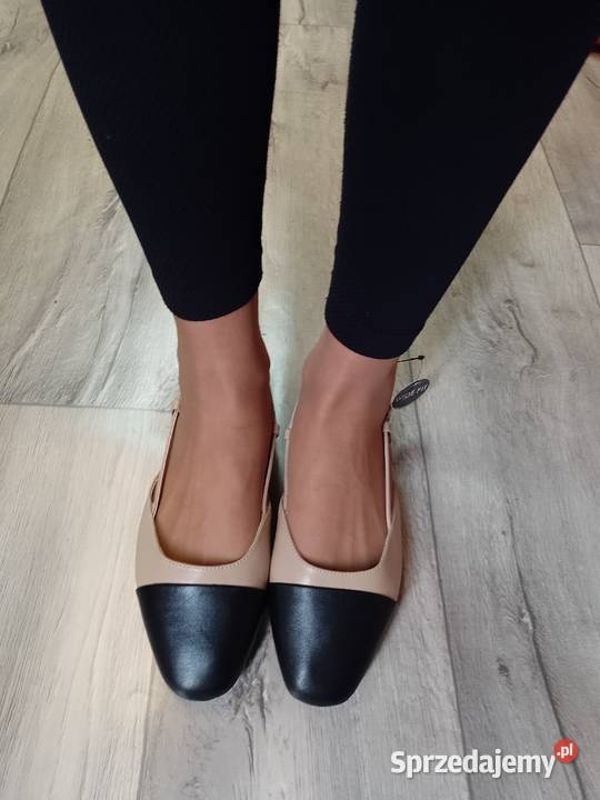 39 Beżowo Czarne baleriny wieczorowe z odkrytą Kraków