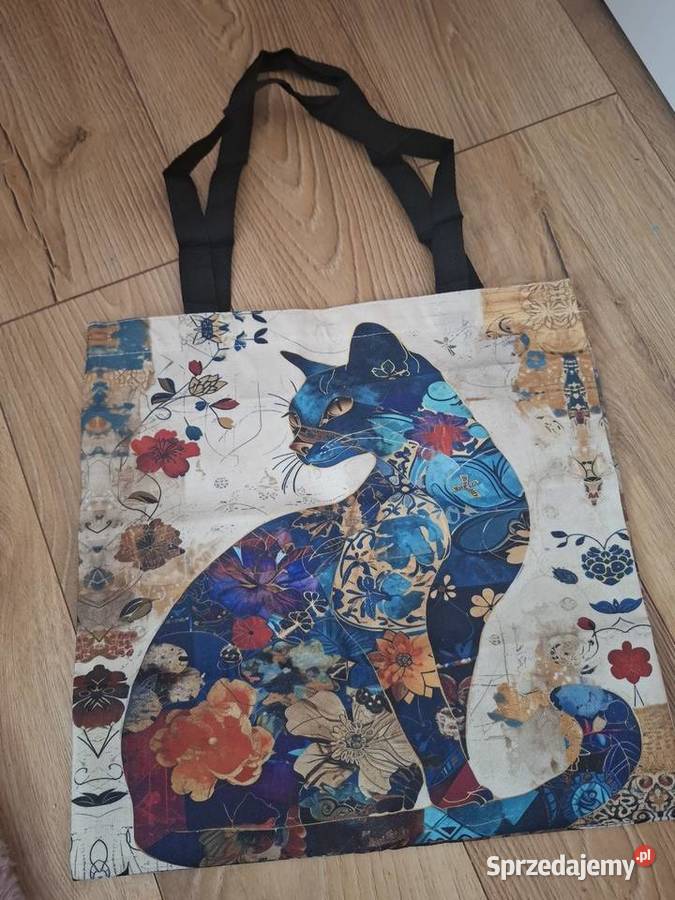 Shopperka torba tote bag niebieski kot kwiaty Uniseks Wąbrzeźno sprzedam