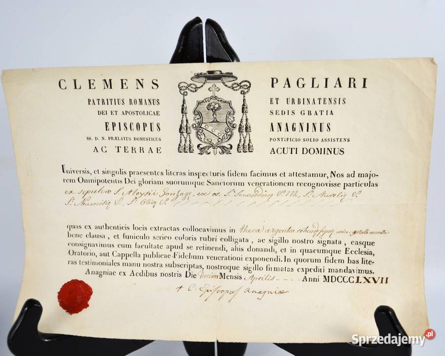 Certyfikat relikwii z 1867r wystawił Biskup Bronisze