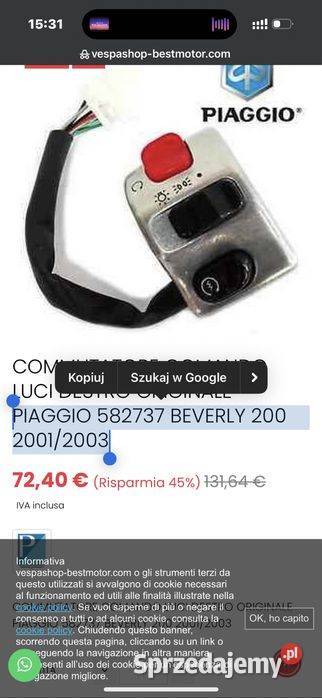 Przełacznik Zapłonu Przełącznik Świateł PIAGGIO Poznań