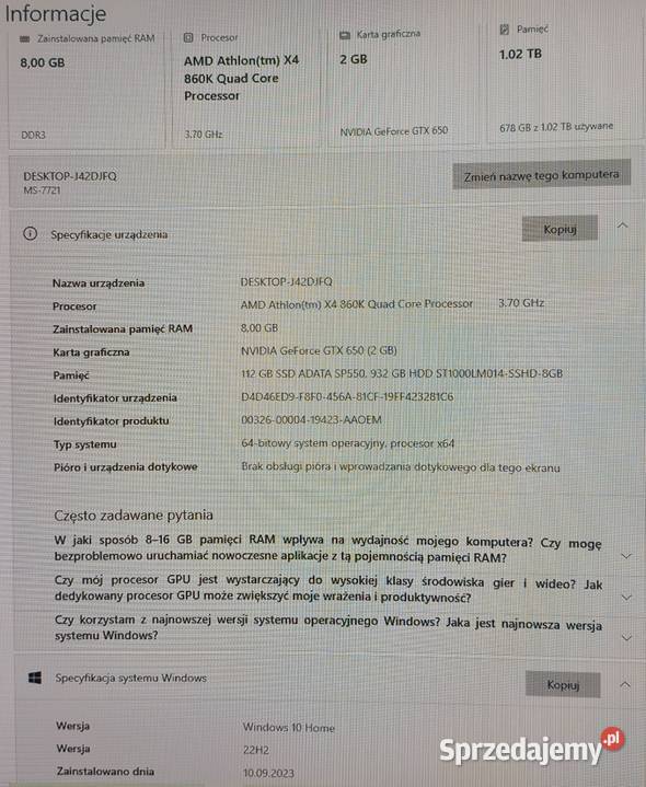 PC komputer stacjonarny Win 10 SSD komp Taktowanie procesora 3.7 Laskowa sprzedam