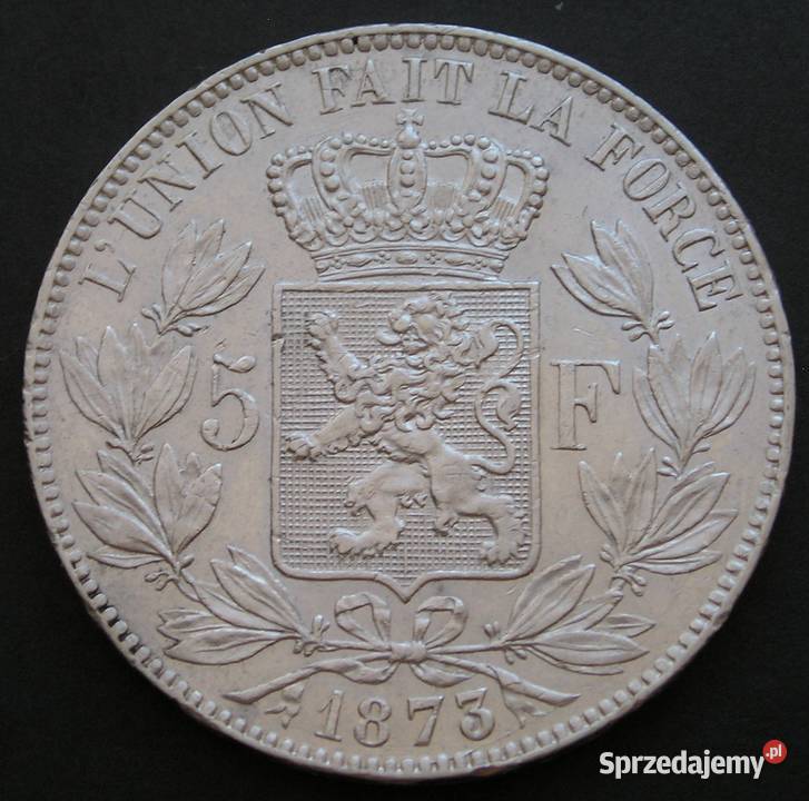 Belgia 5 franków 1873 Leopold II srebro Numizmatyka Łódź