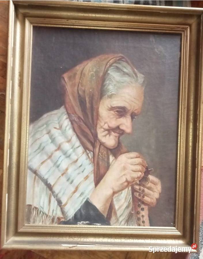 Stary polski obraz Staruszka odmawiającą pacierz