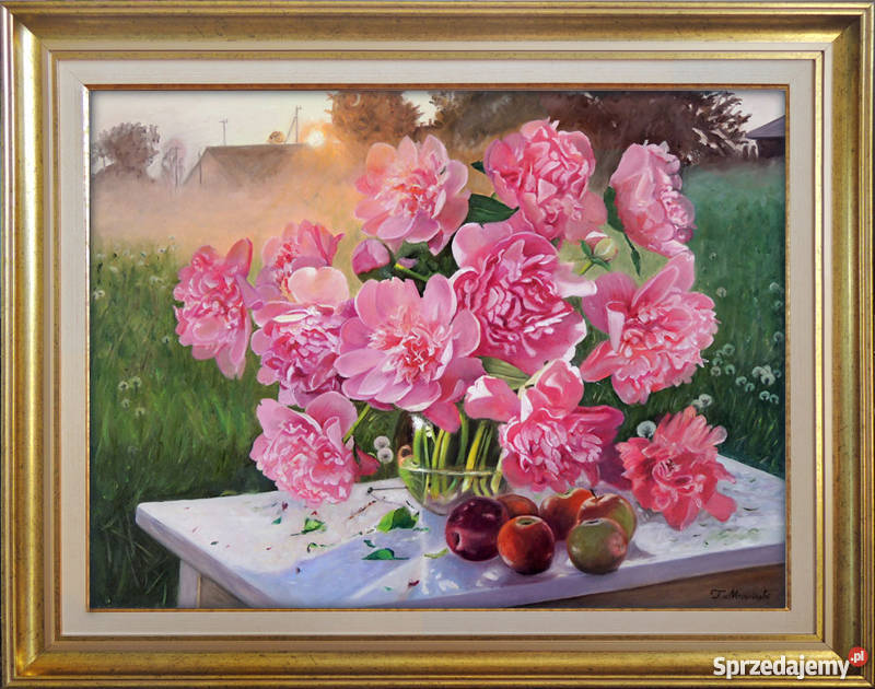 Obraz olejny peonie piwonie zachód słońca sprzedam