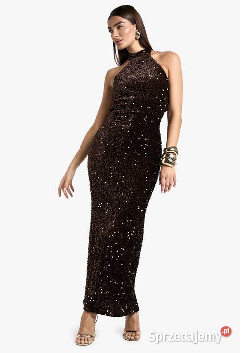 Czekoladowa cekinowa sukienka bez rękawa mazowieckie