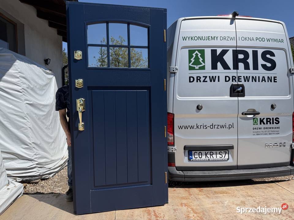 Drzwi zewnętrzne drewniane OD RĘKI Niebieskie klamka schlage Legnica