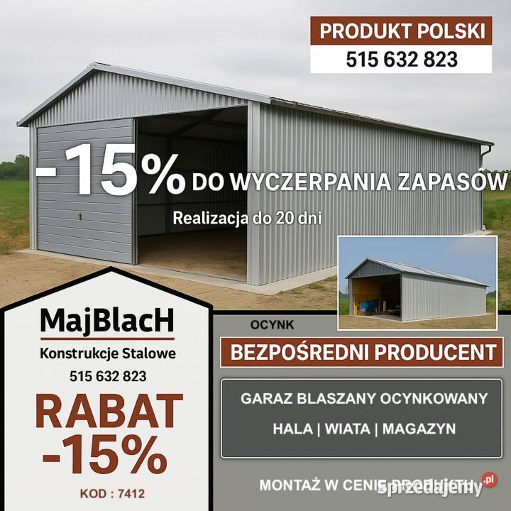 OCYNKOWANA Wiata Hala Garaż Blaszany PRODUCENT Szczytno