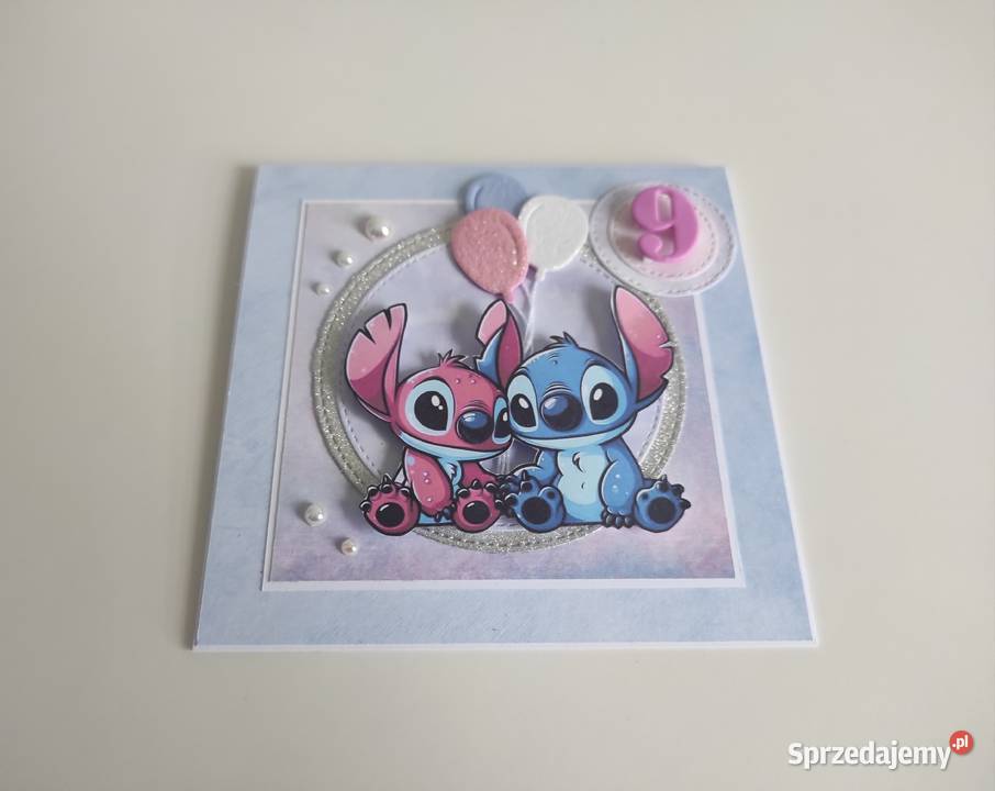 Kartka ręcznie robiona na urodziny Stich i Angel Łódź
