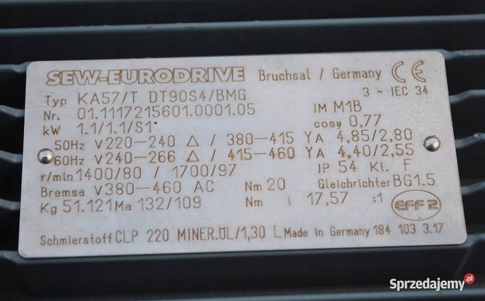 Motoreduktor kątowy 11kw 80obrmin z hamulcem Kargowa sprzedam