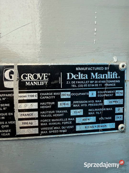 zwyżka podnośnik elektryczny GROVE Toucan 1100C Rok produkcji 1999 Dźwigi, podnośniki łódzkie Działoszyn