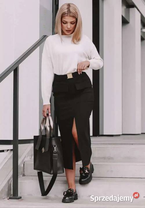 Spódnica Z Paskiem I Rozcięciem Karter Czarna Bez wzoru Nowy Kawęczyn