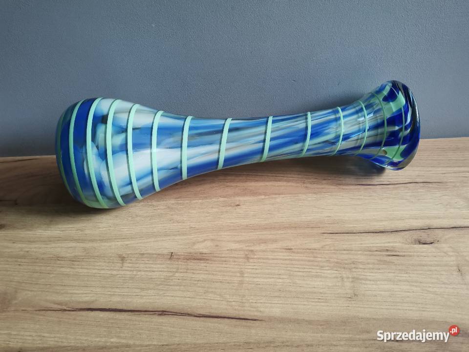 Stary duży kolorowy wazon w oplocie szkło Porcelana i szkło Siemianowice Śląskie