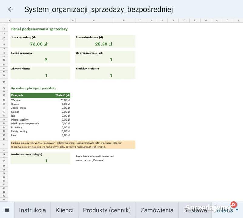 Sprzedaż bezpośrednia system Excel Racławice