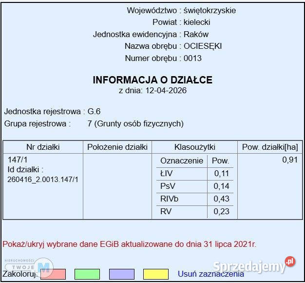 sprzedaży gruntu Raków 9100m2