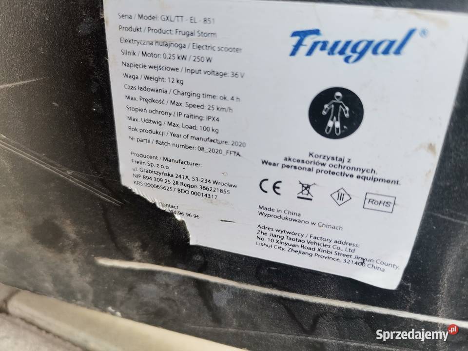 Hulajnoga elektryczna frugal Pojazdy elektryczne Zagorzyce sprzedam