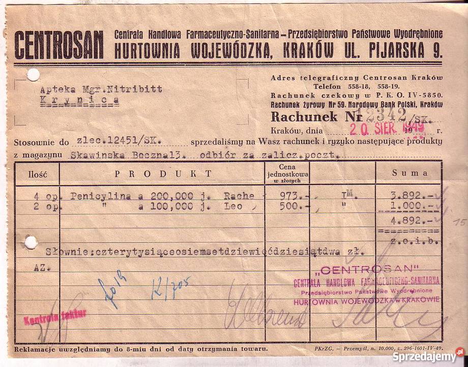 1949 RACHUNEK FIRMY CENTROSAN HURTOWNIA małopolskie Czyrna