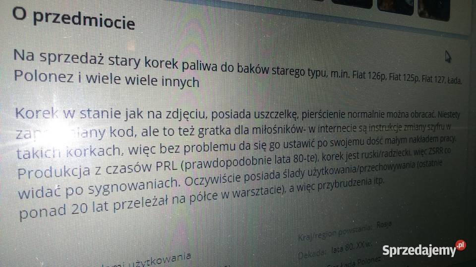 Korek wlewu paliwa na szyfr fiat łada osobowe sprzedam