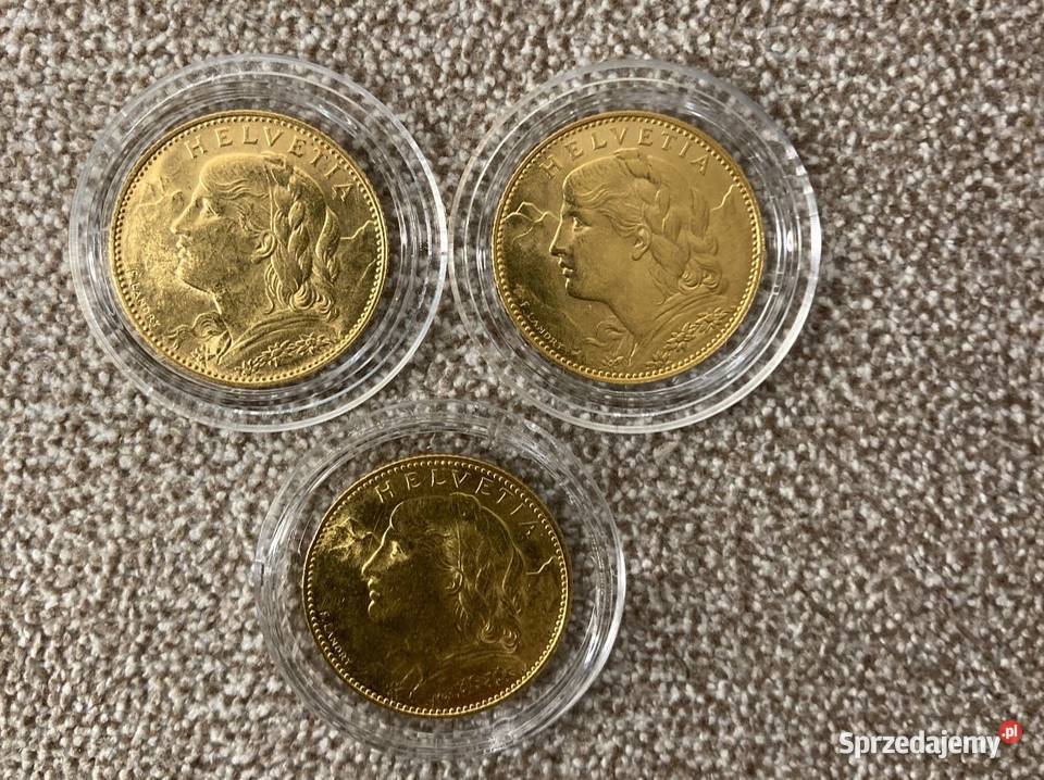Zestaw 3 złotych monet 10 FR 1915 Helvetia Białystok sprzedam