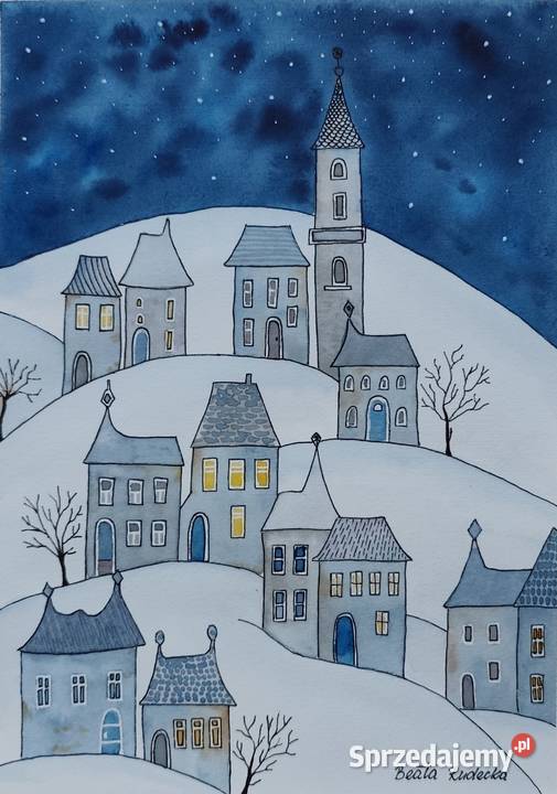 Akwarela Akwarelka Obraz pt Bajkowa Kraina Nocą Warszawa