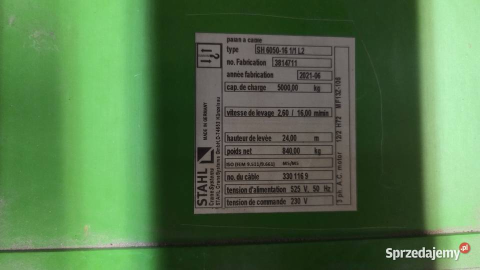 Wciągarka linowa suwnicy STAHL SH 605016 11L2 Produkcja Oświęcim