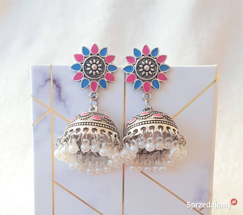 Nowe kolczyki indyjskie srebrny kolor niebieski Szczecin