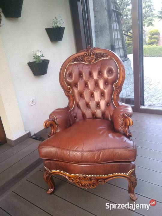 Fotel LudwikBarok Rzeźbione Skóra Antyk Stan