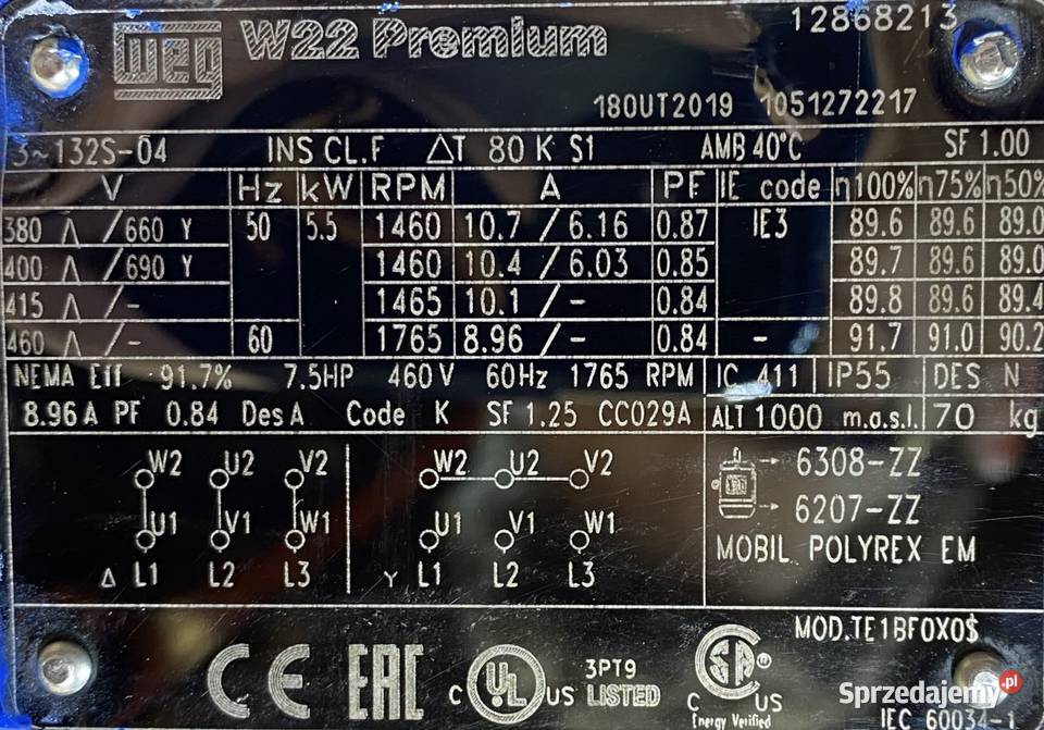 silnik elektryczny 55kW 1460obr 3fazowy WEG IE3 Pigża