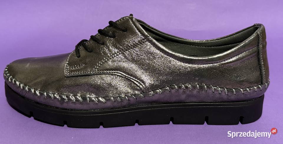 Skórzane damskie platynowe wiązane półbuty skóra Żyrardów