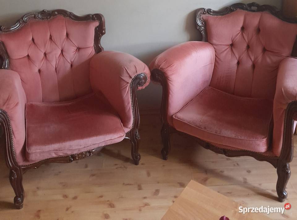 Stylowe fotele vintage rozowy welur drewno zachodniopomorskie Koszalin