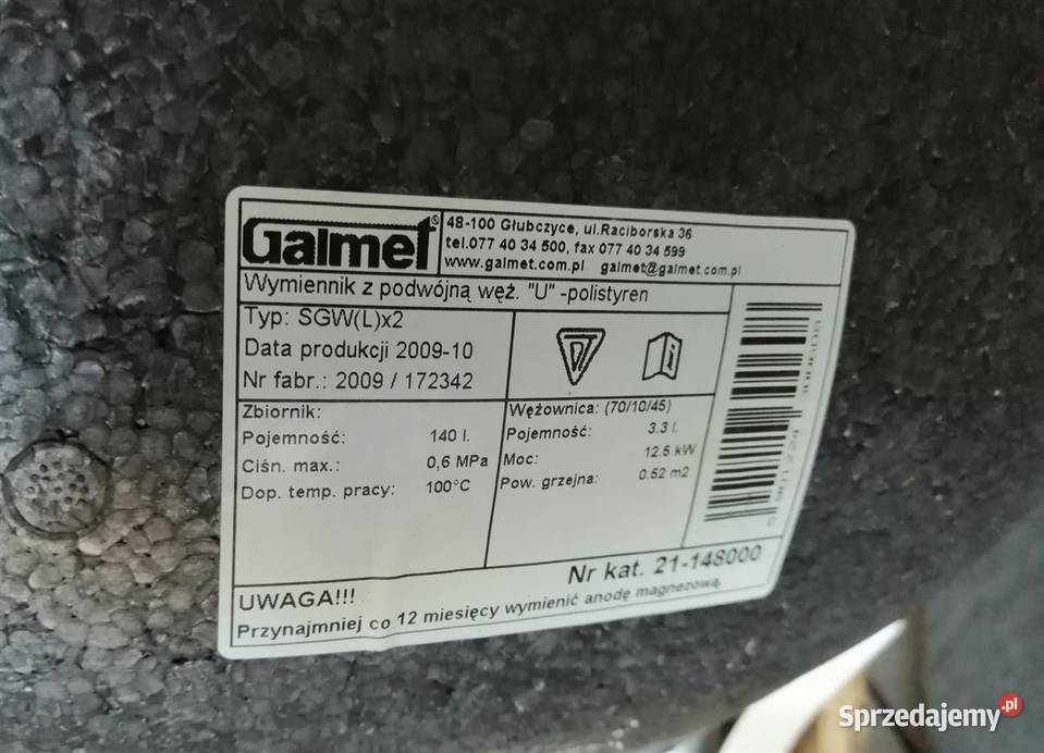 Bojler 140l Galmet 2 x wężownica Hydraulika i armatura Długołęka