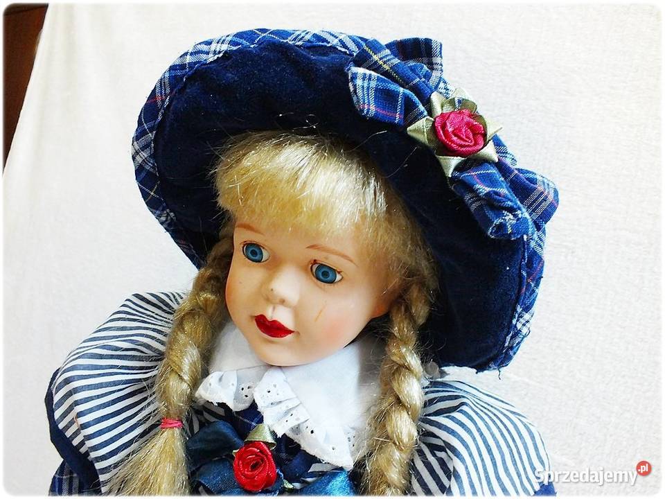 Porcelanowa stara Lalka na stojaku wys55 Żary