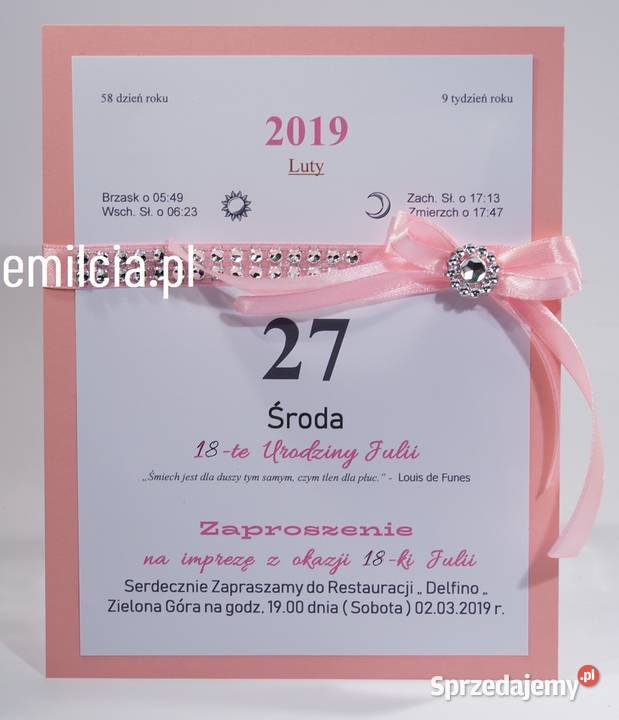 Zaproszenie z okazji 18 urodzin Kalendarz Zielona Góra sprzedam