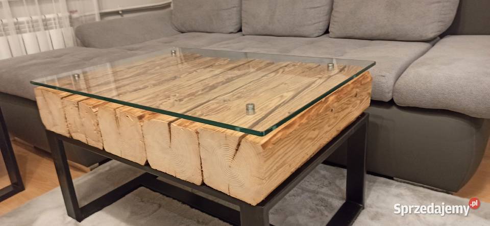 Stolik kawowy z starych belek loft z szybą