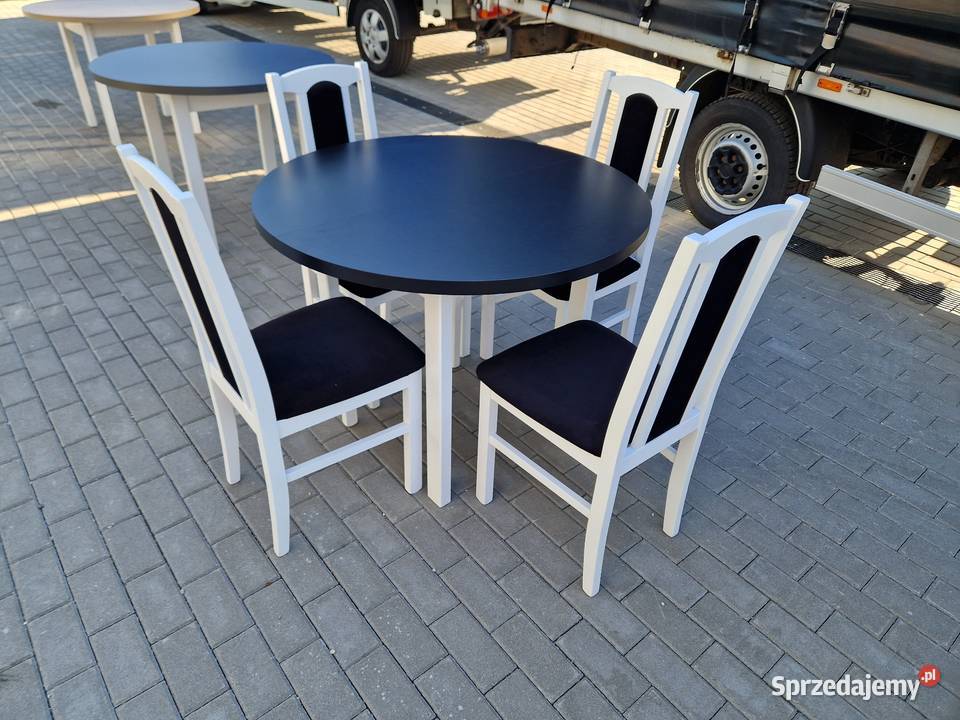 Nowe: Stół okrągły + 4 krzesła, biały/blat czarny + czarny