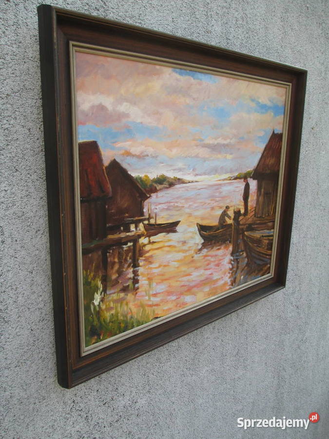 Obraz olejny Przystań Szwecja lata 70