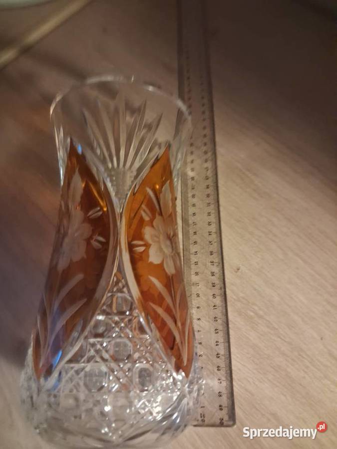 Stary piekny krysztalowo bursztynowy wazon PRL Wrocław