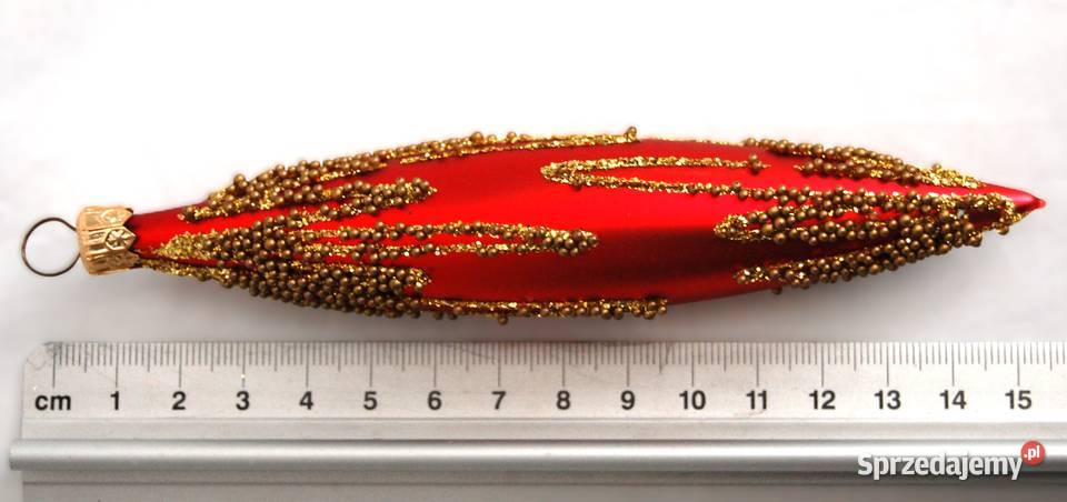 Bombka szklana czerwony sopel złoty brokat 14 czerwony