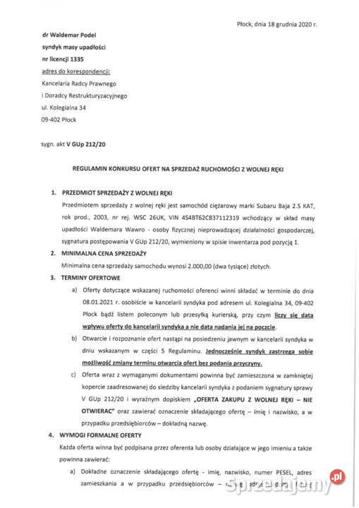 Sprzedaż ruchomości z wolnej ręki syndyk masy 2498cm3 Płock