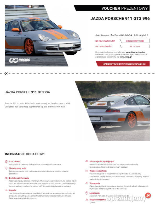 Voucher Przejażdżka Porshe 911 GT3 996 Pszczółki sprzedam