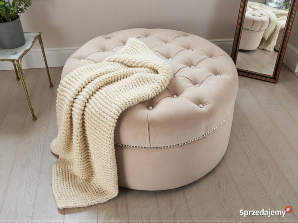 Pufa okrągła beżowa tapicerowana 80 cm