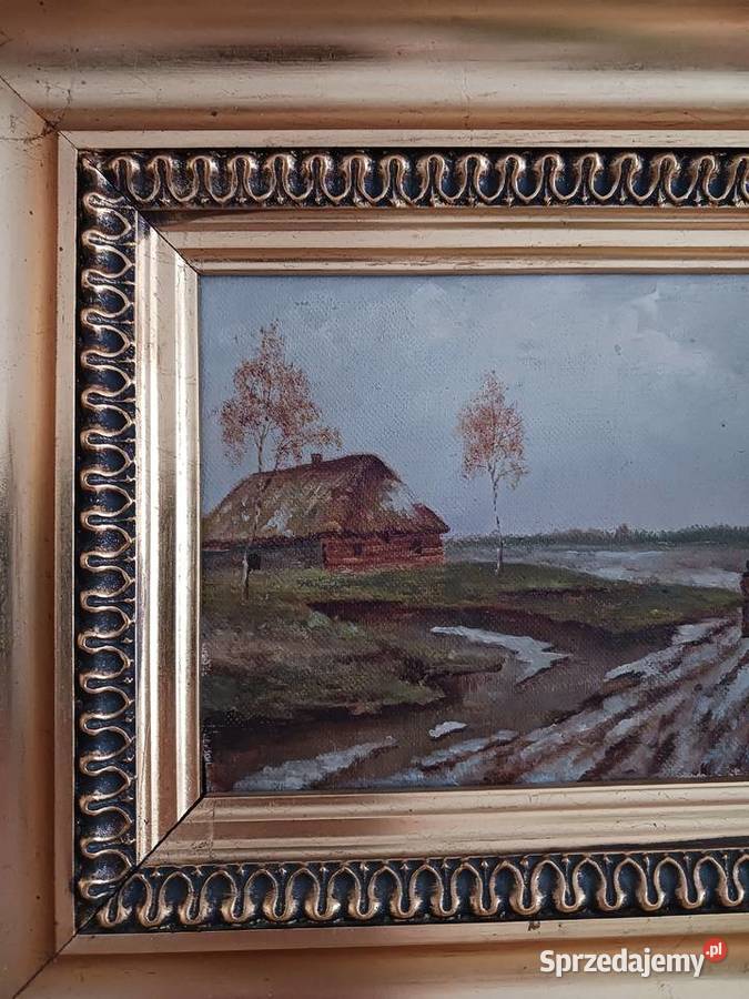 Obraz olejny pejzaż wiejski piękna złocona rama sprzedam