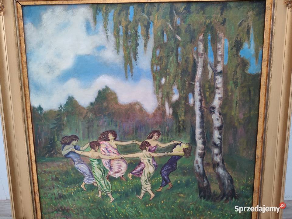 Piękny obraz scena rodzajowa sygnowany olejny na