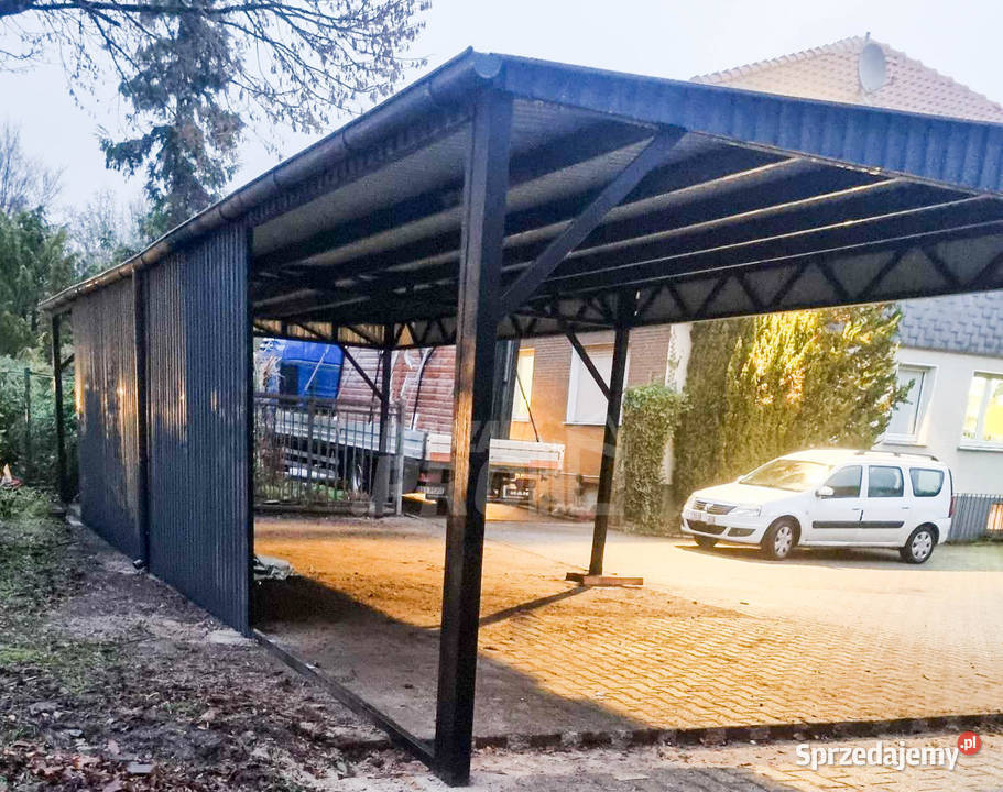 Wiata samochodowa 8x6m częściowa zabudowa rynna 48m2 Legnica