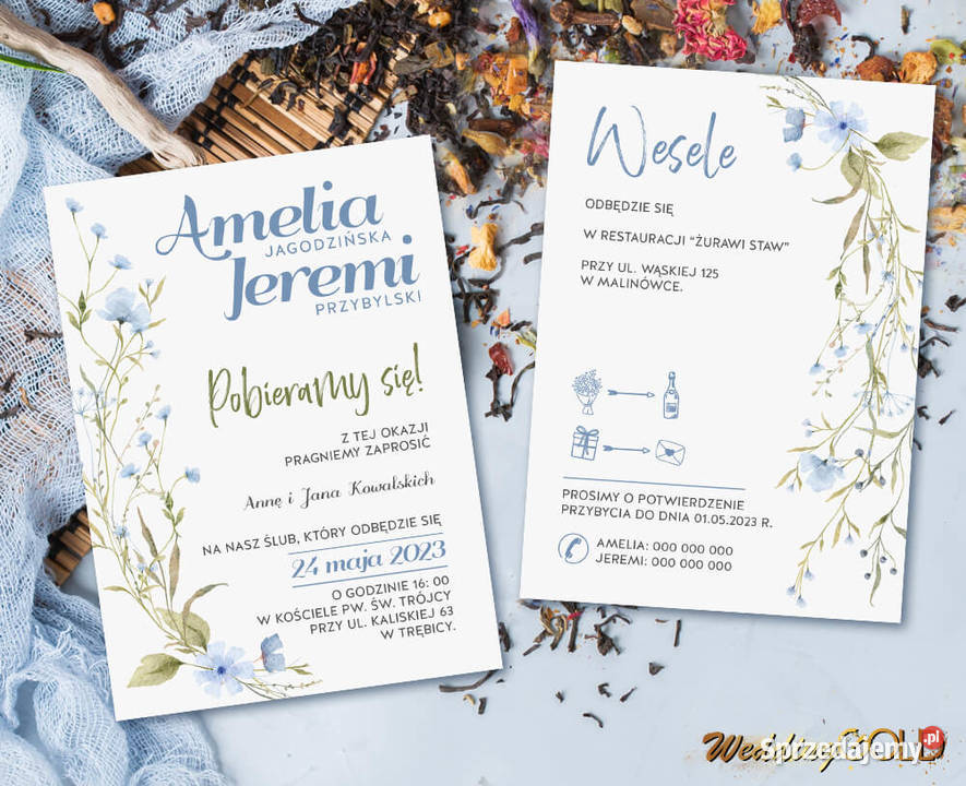 Niebieskie zaproszenia ślubne Kwietna Łąka Pozostałe Siedlce