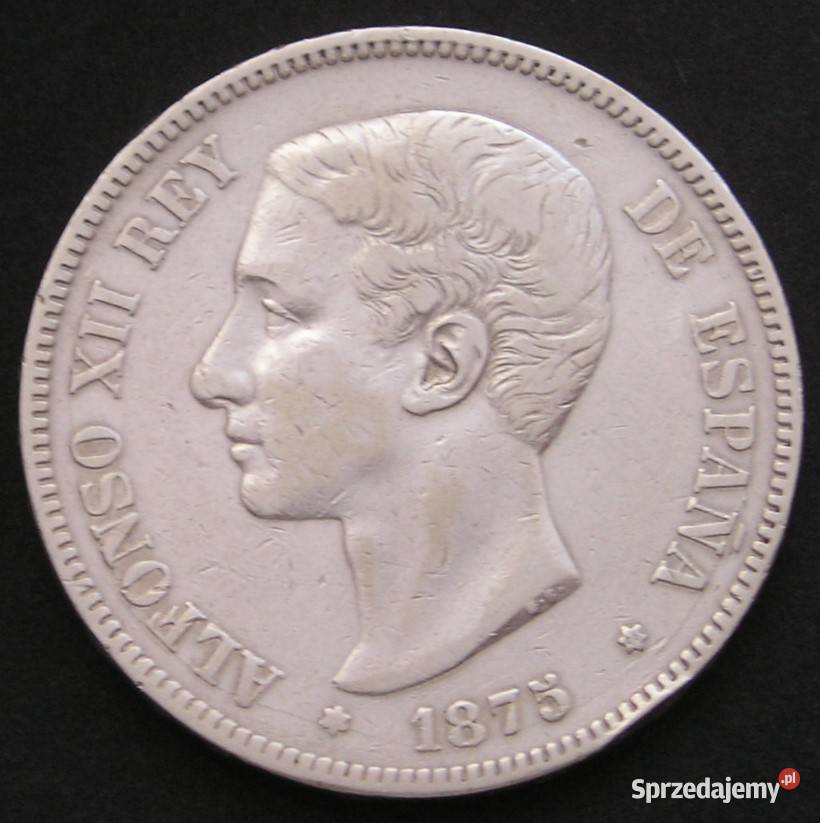 Hiszpania 5 peset 1875 SREBRO Alfonso XII Łódź