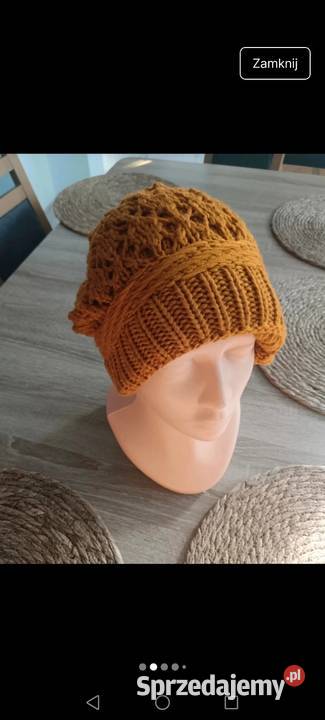 Czapka dziergana musztardowy zimowa Krosno
