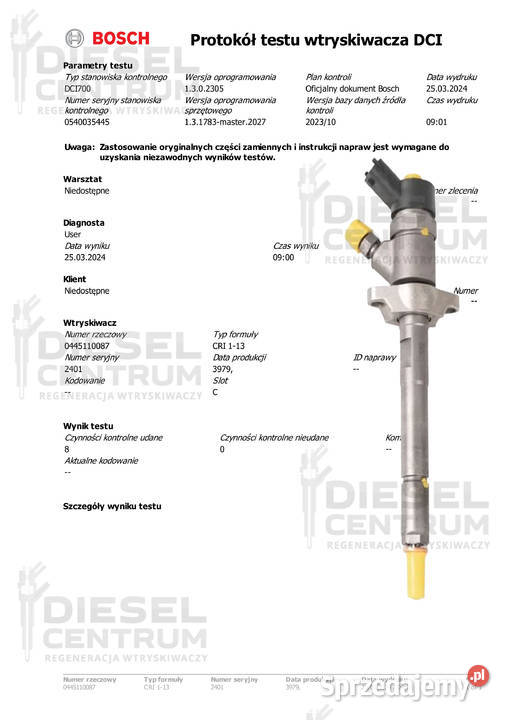 Wtryskiwacz Bosch 0445110087 NISSAN RENAULT pomorskie sprzedam