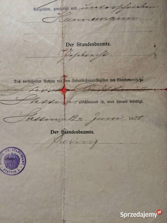2094 Niemiecki Akt Urodzenia Stettin Szczecin sprzedam