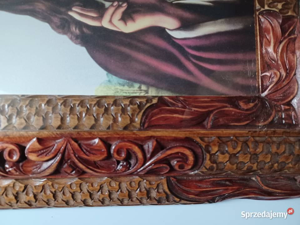 Piękna stara rama ręcznie rzeźbiona z Jezusem Rękodzieło Łódź